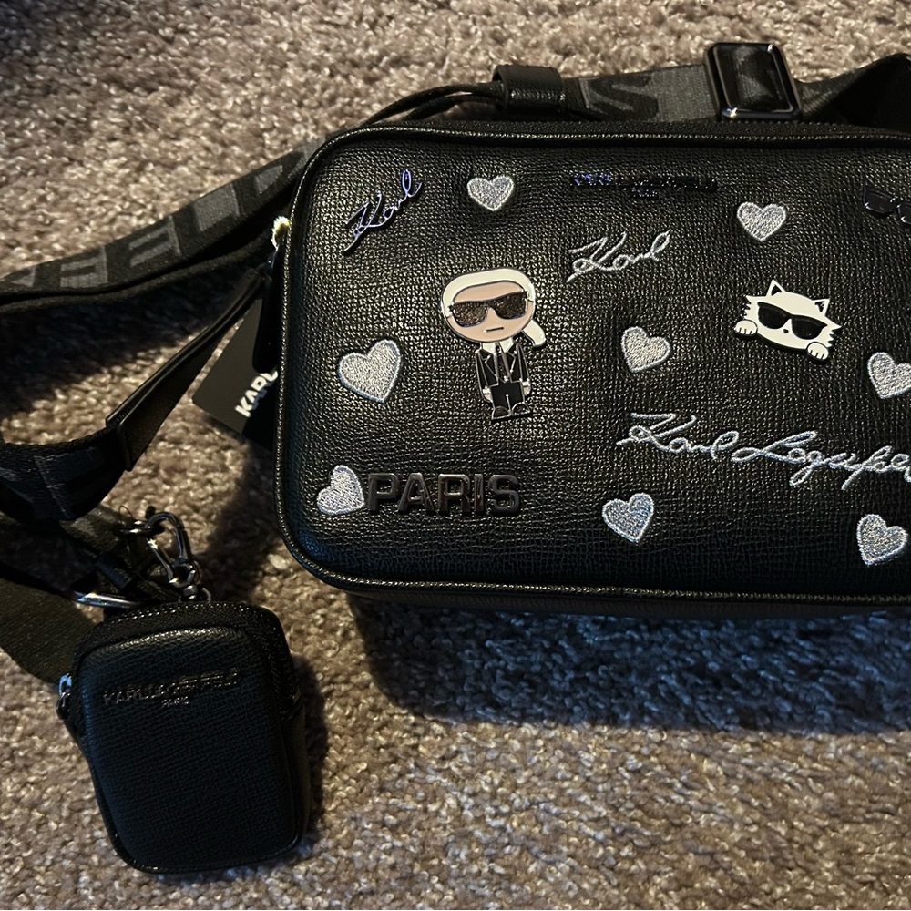 Karl Lagerfeld Paris Black Crossbody Bag with Adjustable Logo Strap $228.00